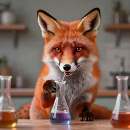 a fox mixing chemicals in a kitchen, portrait, fantasy, beautiful face, vivid colors, elegant, concept art, sharp focus, digital art, Hyper-realistic, 4K, Unreal Engine, Highly Detailed, HD, Dramatic Lighting by Brom, trending on Artstation