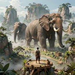 an intricate concept illustration, fantasy, asian farmer on a platform, megafauna, large biomes, ultra photorealistic, ultra sharp, artstation, cgsociety, masterpiece, octane render, by wylop, 8 k