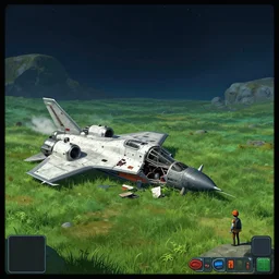 next to a crashed fighter spacecraft, on an alien grassland, from a space themed point and click 2 d graphic adventure game, set design inspired by marco bittner rosser and hg giger, art inspired by thomas kinkade