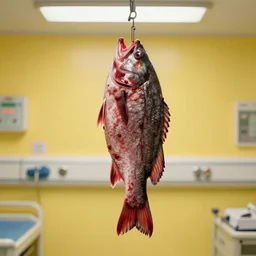 5 0 s movie still of a bloody fish in a hospital with yellow wall, cinestill 8 0 0 t 3 5 mm technicolor, heavy grain, high quality, high detail