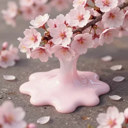 hyperrealistic matte painting of cherry blossoms melting! goo! robert steven connett hard daylight 8k high angle shallow depth of field