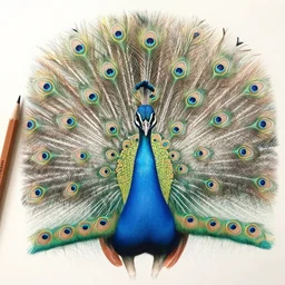 Colored pencil art on paper, Peacock posing for the camera, highly detailed, artstation, MasterPiece, Award-Winning, Caran d'Ache Luminance