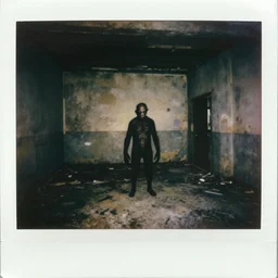 found polaroid photograph, flash, night, interior abandoned asylum, mutant creature standing