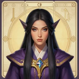 masterpiece head-on symmetrical centered painted portrait, Maya Ali as D&D Mage, World of Warcraft game style, wearing wizard robes, elegant, tarot card background, in the style of ROSSDRAWS and Ruan Jia and Ross Tran and Alphonse Mucha and Ayami Kojima and Charlie Bowater and Karol Bak and Jean Delville, pixar, maya engine, splash comics, global illumination lighting, rich bright colours