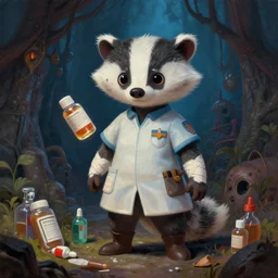 A cute badger-person girl medic protagonist with bandages and salves is exploring the grimdarkest dungeon depths. trending on Pixiv. trending on ArtStation. A vibrant digital oil painting. A highly detailed fantasy character illustration by Wayne Reynolds and Charles Monet and Gustave Dore and Carl Critchlow and Bram Sels