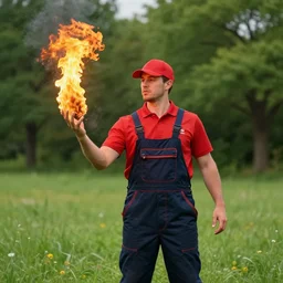 a man wearing a red shirt, red cap, throwing fire by the hand, professional, overalls, outside grass trees, photo, render