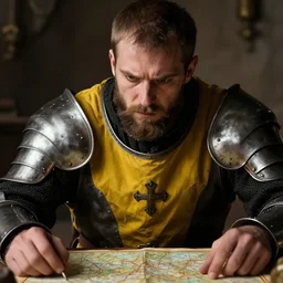 Closeup of frustrated and acerbic male medieval sergeant with a scruffy short!!!! beard wearing a {black and yellow tabard} over a steel breastplate and a black gambeson looking at a map on a table, intricate, dramatic lighting illustration by Greg Rutkowski, {perfect face}, {perfect eyes}, fantasy