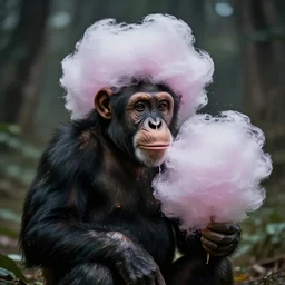 a dramatic photo of a chimpanzee!!! with cotton candy hair and fur. paint splashes. moody and melancholy.
