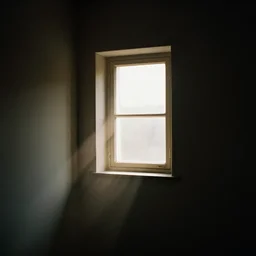 a lightbeam trough a small window in a dark room