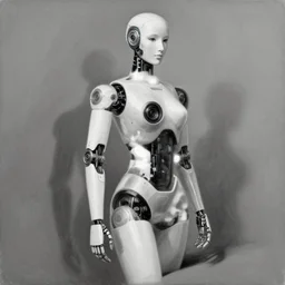 a painting of a very elegant and beautiful android robot object in black and white with shadows