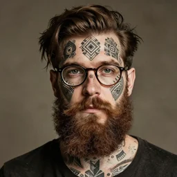 Vintage portrait of a handsome brown-haired bearded man wearing glasses with geometric and fractal tattoos all over his face