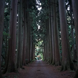 a path in an ancient forest, big and tall trees, evening light, soft light, nicola samori, japan art, mysterious
