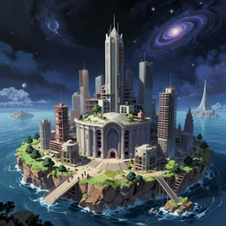 a beautiful photorealistic anime illustration of theatre nature unfinished building city by renzo piano, cosmic sea venus azeroth galactic architecture island matte painting tron universe at night futuristic clear night dieselpunk fantasy retro, archdaily, wallpaper, highly detailed, trending on artstation.