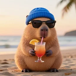 a photorealistic picture of a knitted cute Capybara wearing sunglasses and dressed in a blue beanie cap. The Capybara is also sipping from a refreshing cosmopolitan drink at the beach during sunset. The image is Trending on Artstation, featured on Behance, well-rendered, fine detail, extra crisp image, Unreal Engine, 4K HD