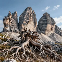 photography of dolomites overgrown by roots, dolomites, alpine, detailed intricate insanely detailed octane render, 8k artistic 1920s photography, photorealistic, chiaroscuro, black and white, hd, by David Cronenberg, Raphael, Caravaggio