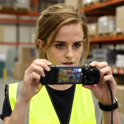 photo, close up, emma watson in a hi vis vest, in warehouse, android cameraphone, candid photo 2 6 mm,