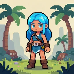 pixel art, 32-bit pixel art, barbarian girl, electrified hair, prehistoric fantasy, palm trees