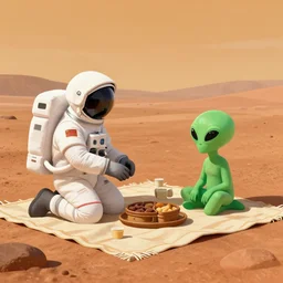 An astronaut is having a picnic with a green alien on Mars, by Jordan Grimmer, digital art, trending on Artstation,