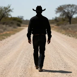 in the foreground a silhouette of a man wearing a cowboy hat walking down a dusty road towards us at dusk. in the background is a forest engulfed in a towering inferno, digital art