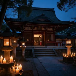 dark image of Japanese temple, candles, 8k high detail,