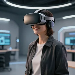 realistic photo of a beautiful smiling person wearing a modern virtual reality headset standing in a big room. hypermaximalistic, high details, cinematic, 8 k resolution, beautiful detailed, insanely intricate details, artstation trending, octane render, unreal engine