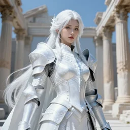 portrait white hair knights of zodiac girl, matt white ice color armor, in ruined agora of athens, ssci - fi and fantasy, intricate and very very beautiful and elegant, highly detailed, digital painting, artstation, concept art, smooth and sharp focus, illustration, art by tian zi and wlop and alphonse mucha and ilya kuvshinov
