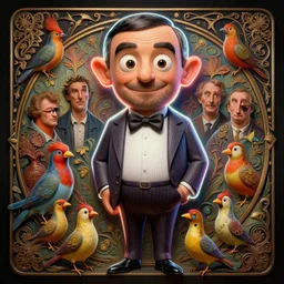 anthropomorphic highly detailed group portrait of funny mr bean neon giant cute eyes darwin's finches, intricate, elegant, highly detailed, digital painting, artstation, concept art, smooth, sharp focus, art by artgerm, bob eggleton, michael whelan, stephen hickman, richard corben, wayne barlowe, trending on artstation and greg rutkowski and alphonse mucha, 8 k