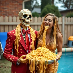 ( skeletor ) and ( bulk bogon ) both covered in pasta, fancy suits, couple's photo, 4 k, 8 k, spaghetti noodles, kiddie pool, iso 6 0 0, laughing, smiling, puking