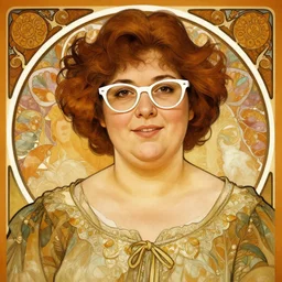 portrait of a curvy stocky romanian woman, brown hair, messy bob, brown eyes, romanian, laugh lines, round face, round nose, white glasses, glasses, white reading glasses, librarian, wide shot, digital art, alphonse mucha, loish, art nouveau, 8 k, trending on artstation