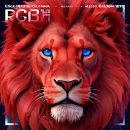 a close up of a red lion's face with blue eyes, an album cover by jacob toorenvliet, featured on behance, cubo - futurism, rendered in cinema 4 d, sketchfab, rendered in maya, red shift, synthwave, by enguerrand quarton, by alesso baldovinetti, 3 d render, holography, poster art by hedi xandt, cgsociety, sots art, behance hd, grotesque, poster art