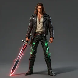 Eliazar is a tall, lean man with long wavy brown hair. He wears a torn-up leather jacket and a beige cloth shirt underneath. Black pants, and cowboy boots. Pale green glowing energy glows through the tears in his clothes, and he carries a large crystalline black longsword with red lightning that arcs across the blade. by craig mullins, featured on artstation