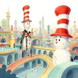 fanciful city filled with curvy buildings, by dr seuss, oh the places you'll go, arches, platforms, towers, bridges, stairs