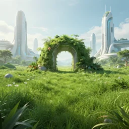 portal over lush grassy plane, futuristic buildings, mystical environment