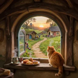 the view from inside a hobbit hole looking out a window into a busy hobbit path, by alan lee, sunset, a fat orange cat is outside, windowsill loaded with steaming food and teacups, window glass reflecting, intricate, highly detailed terrain, digital painting, artstation, concept art, smooth, sharp focus, illustration, vfx
