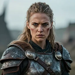 photorealistic  photograph of beautiful female wearing viking warrior armor, large angry eyes, battle damaged, cinematic, 200mm prime lens