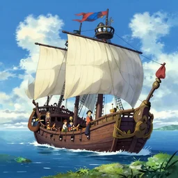 matte painting of landscape of Pirates island and a pirate boat, vivid color, by Makoto Shinkai and James gilleard Eiichirō Oda