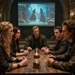 film still dnd movie, group sit at table, play in dnd, beckinsale schwarzenegger johansson timberlake, gm screen, finely detailed features, closeup at the faces, perfect art, at an ancient city, gapmoe yandere grimdark