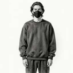 professional pencil sketch of a young adult man with slightly long hair wearing a black face mask and an oversized dark sweatshirt and dark sweatpants, high quality, HD, 8K, highly detailed, award-winning