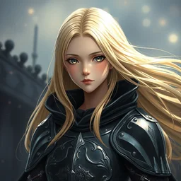 beautiful baroque oil painting japanese light novel illustration lotr anime key visual full character portrait concept art | long flowing blonde hair young girl wearing black military crusader armour | perfect face delicate features directed gaze | gapmoe kuudere moody lighting bokeh stunning highlights | trending pixiv fanbox | by greg rutkowski makoto shinkai takashi takeuchi studio ghibli