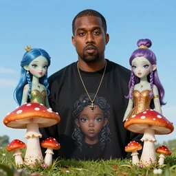 kanye west stars in the sky fairies with detailed faces enchanted forest mushrooms on the ground psychedelic wide angle shot white background vector art illustration gears of war by frank frazetta