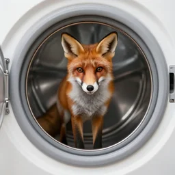 a fox standing in a washing machine stock photo