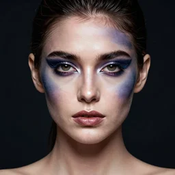 fashion model, war paint on face, realistic, symmetrical, studio lighting, ultra detail