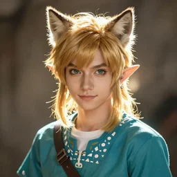Stunning portrait of Link from the Legend of the Zelda with cat ears. Art by Greg Rutkowski and Alphonse Mucha