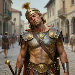 a highly detailed matte portrait painting of aa exhausted roman gladiator on a roman street, 1 0 0 ad, in the style of greg rutkowski and remedios varo, ultra realistic, detailed, intricate, full of color, 4 k, hyperrealistic, focused, extreme details, masterpiece
