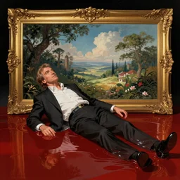 Alan Rickman full body laying in a blood red pool of water between a golden mirror frame, outside is space and inside the mirror frame is a beautiful landscape., physically accurate, dynamic lighting, intricate, elegant, highly detailed, very very Roberto Ferri, sharp focus, illustration, art