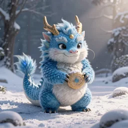 HD, 3d render,furry , chubby female dragon , blue scales. playing in the snow