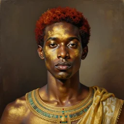 a professionally painted african male model , clothed in ancient , gold dark skin, deep reddish gold hair, beautiful bone structure, big symmetrical scar features, stunningly, beautiful, intricate, elegant, digital painting, smooth, sharp focus, illustration, made by, Jacob Lawrence, Sam Gilliam, Edmonia Lewis, Jean-Michel Basquiat, Henry Taylor