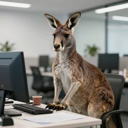A photo of a kangaroo in a business suit working in a corporate office, 4K, realistic