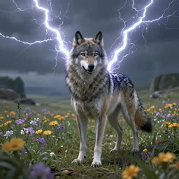 A high fantasy wolf girl standing in the middle of the field of flowers, by Peter Mohrbacher and Craig Mullins, epic, cinematic full shot, official media, beautiful, detailed, high quality, wallpaper 4K, epic, trending on artstation and behance, Danbooru, Gelbooru, Konachan, dynamic lightning