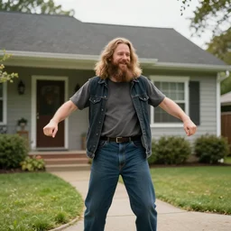 bearded long - haired bo burnham outside of his house, smiling and dancing, ultra - realistic, 8 k